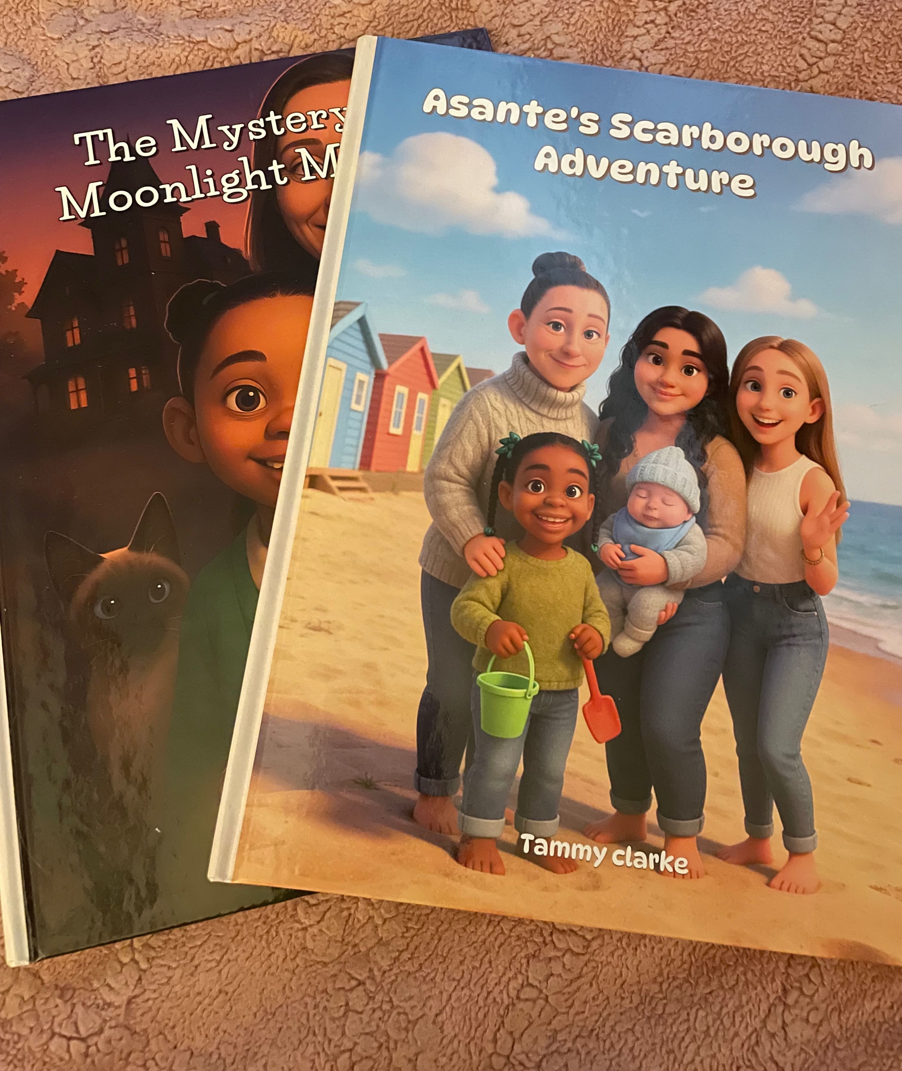 Two personalized family adventure books displayed together.