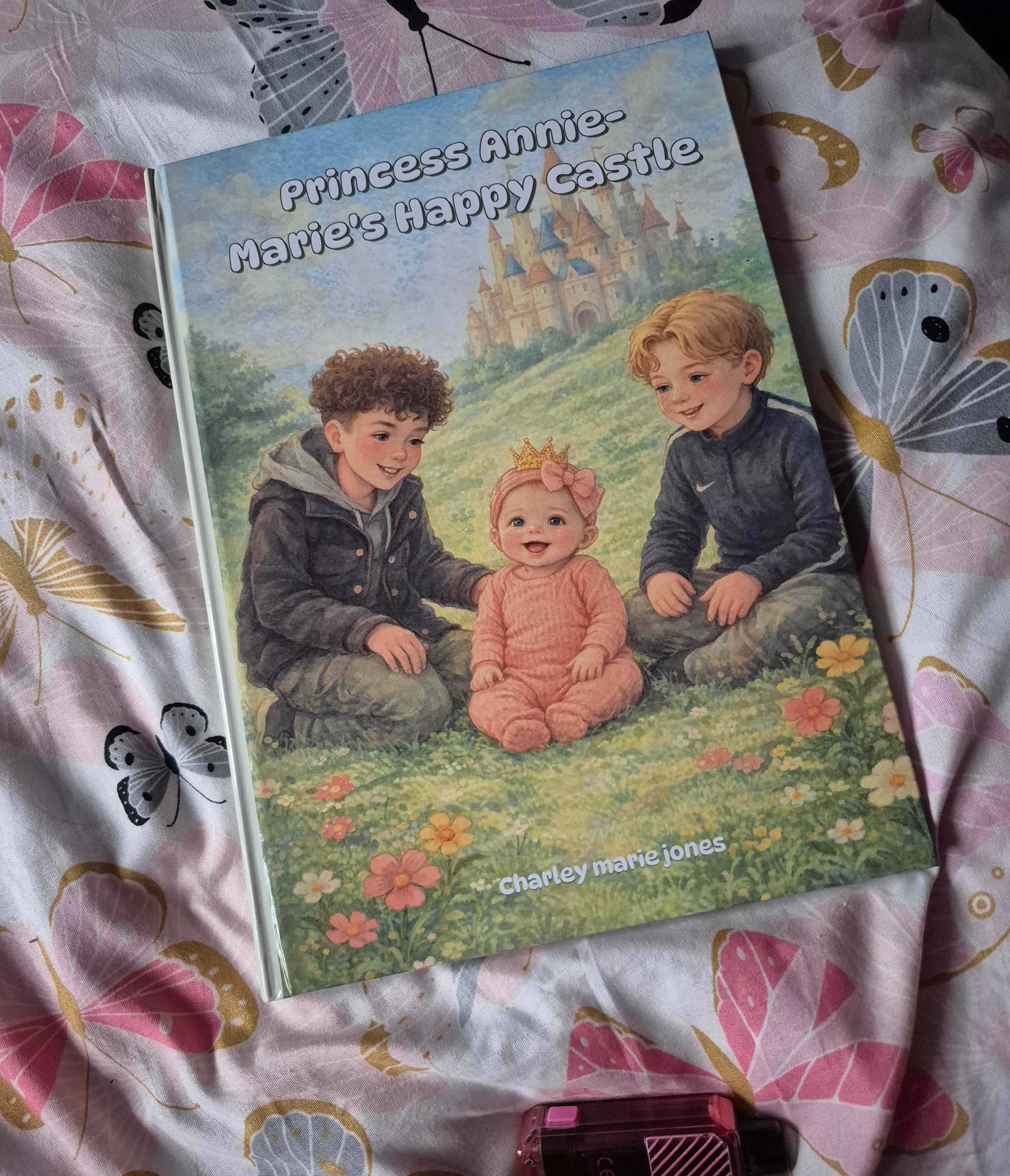 Personalized princess castle book resting on butterfly bedding.