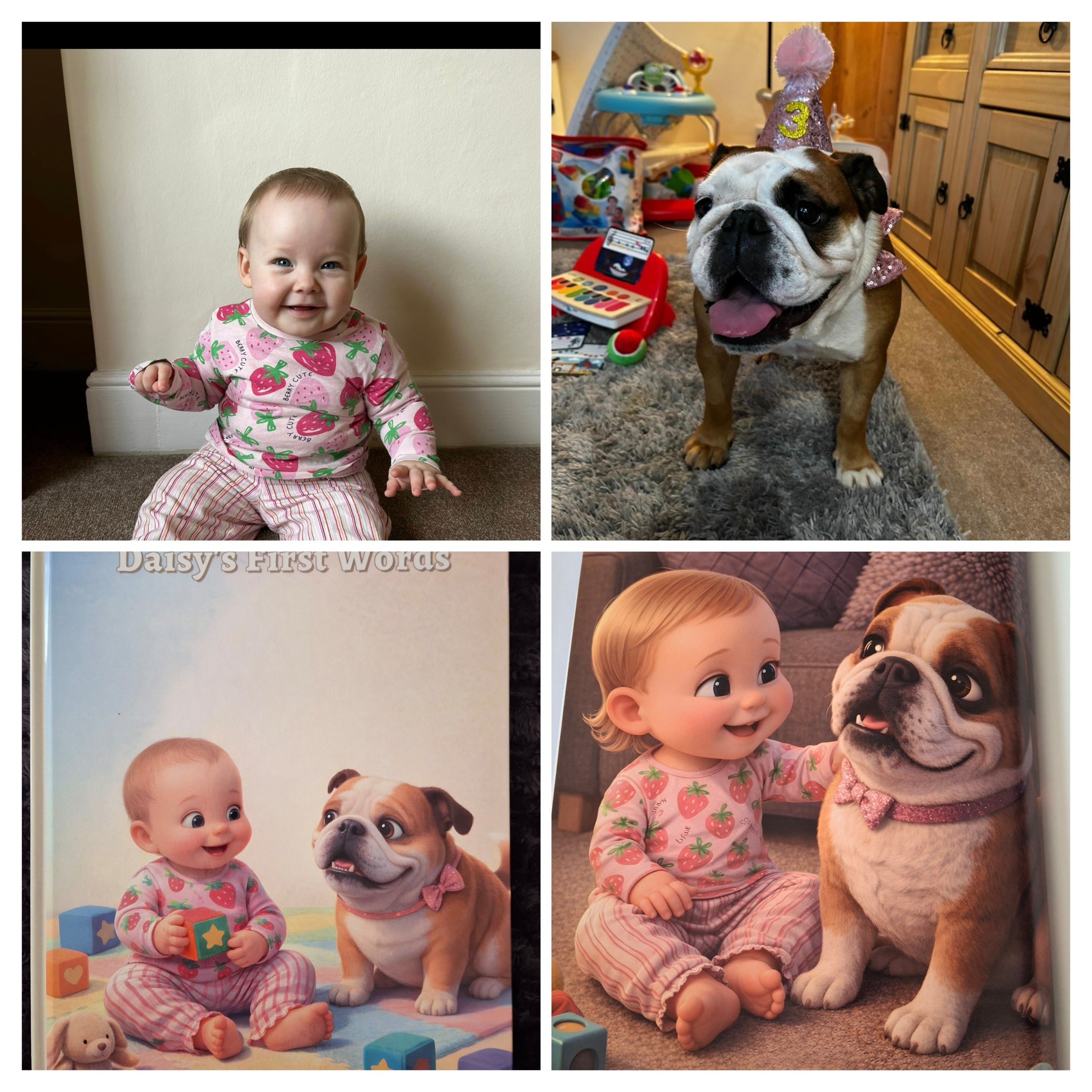 Collage of a baby and dog recreated as storybook characters.