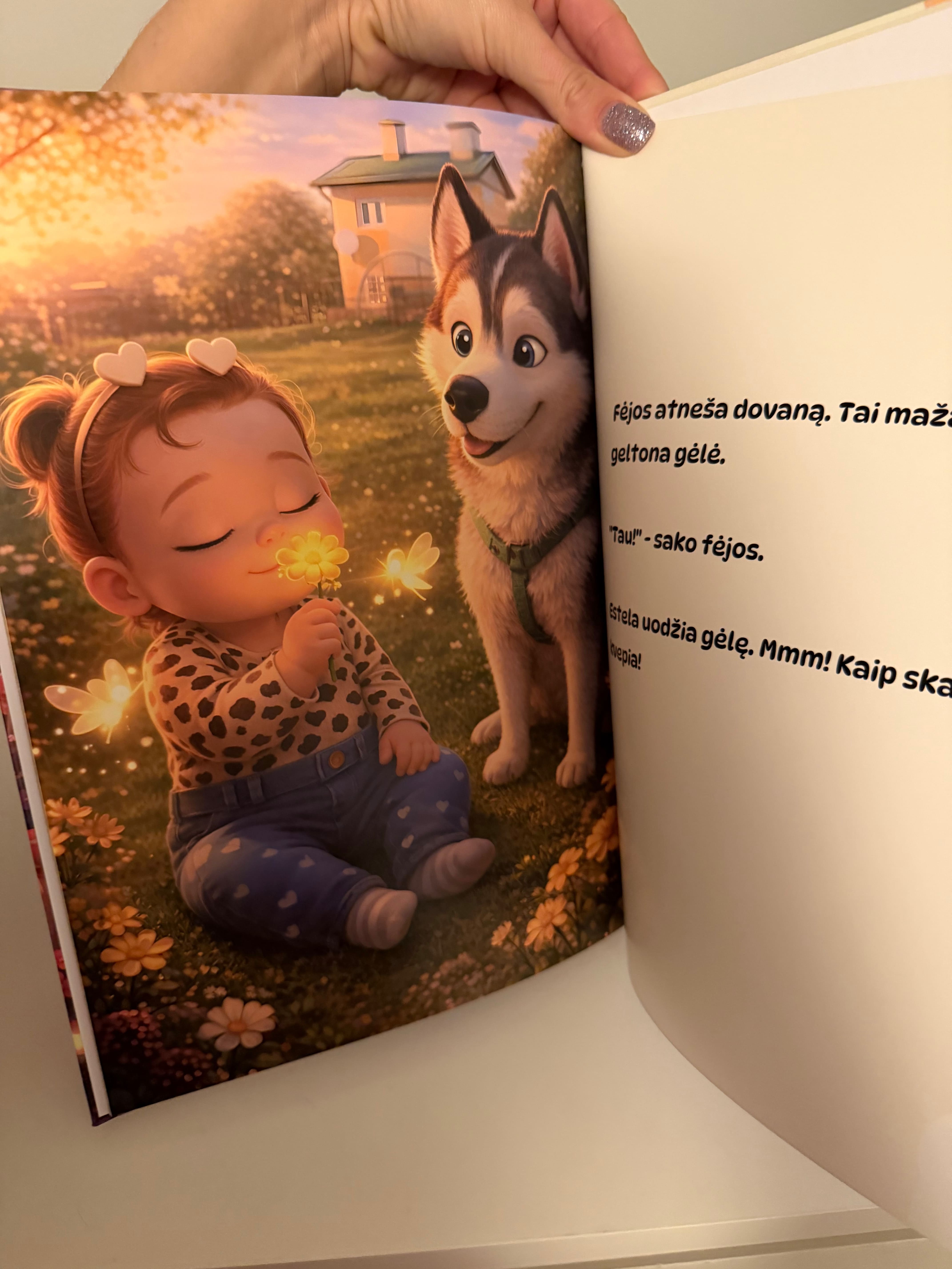 Open personalized book showing a child meeting a friendly dog.