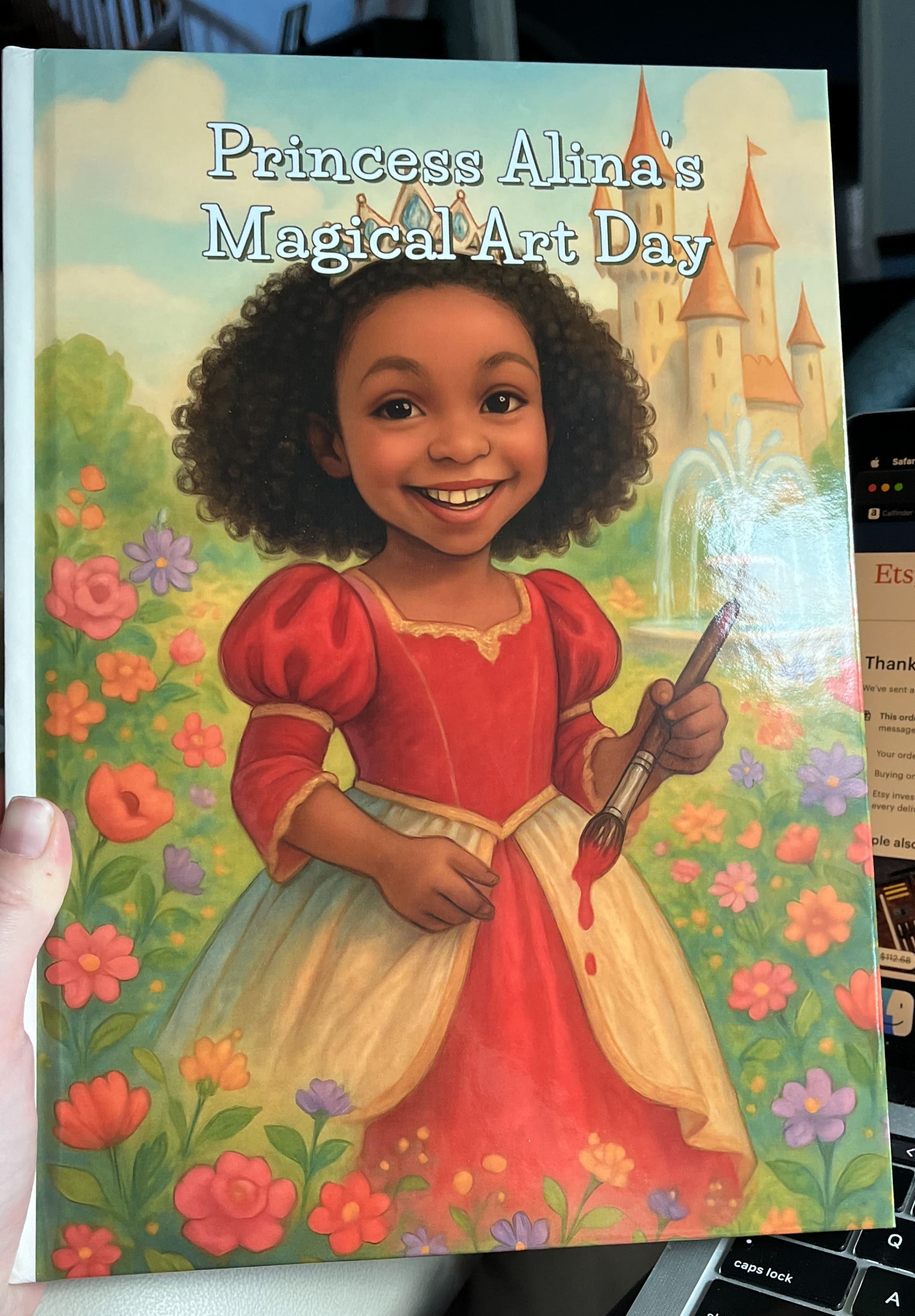 Personalized princess art storybook displayed upright.