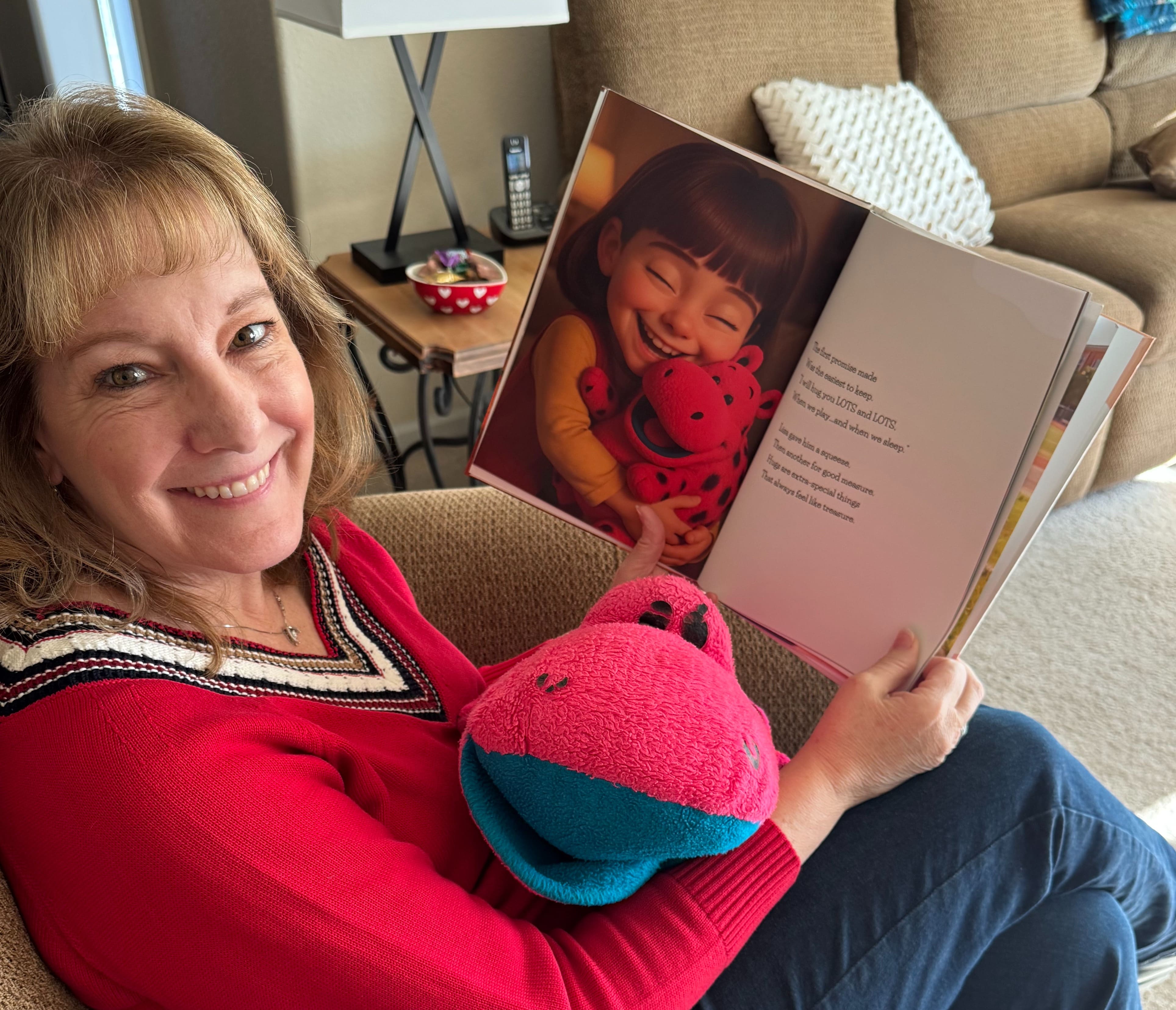 Customer reading a personalized storybook at home.